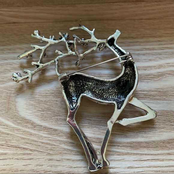 Beautiful Christmas silver tone Deer Antlers Red Rhinestones Figural Brooch Pin - Picture 3 of 6